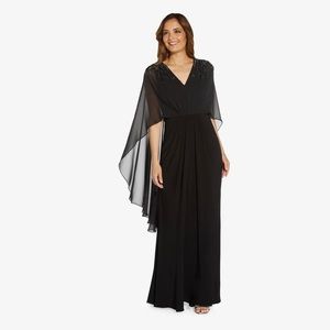Adrianna papel HAND-BEADED JERSEY & CHIFFON CAPE GOWN IN BLACK size 12